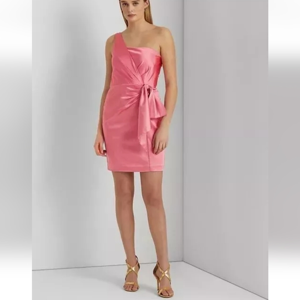 New Ralph Lauren Black Label Pink One Shoulder Asymmetrical Bow Dress Size 2